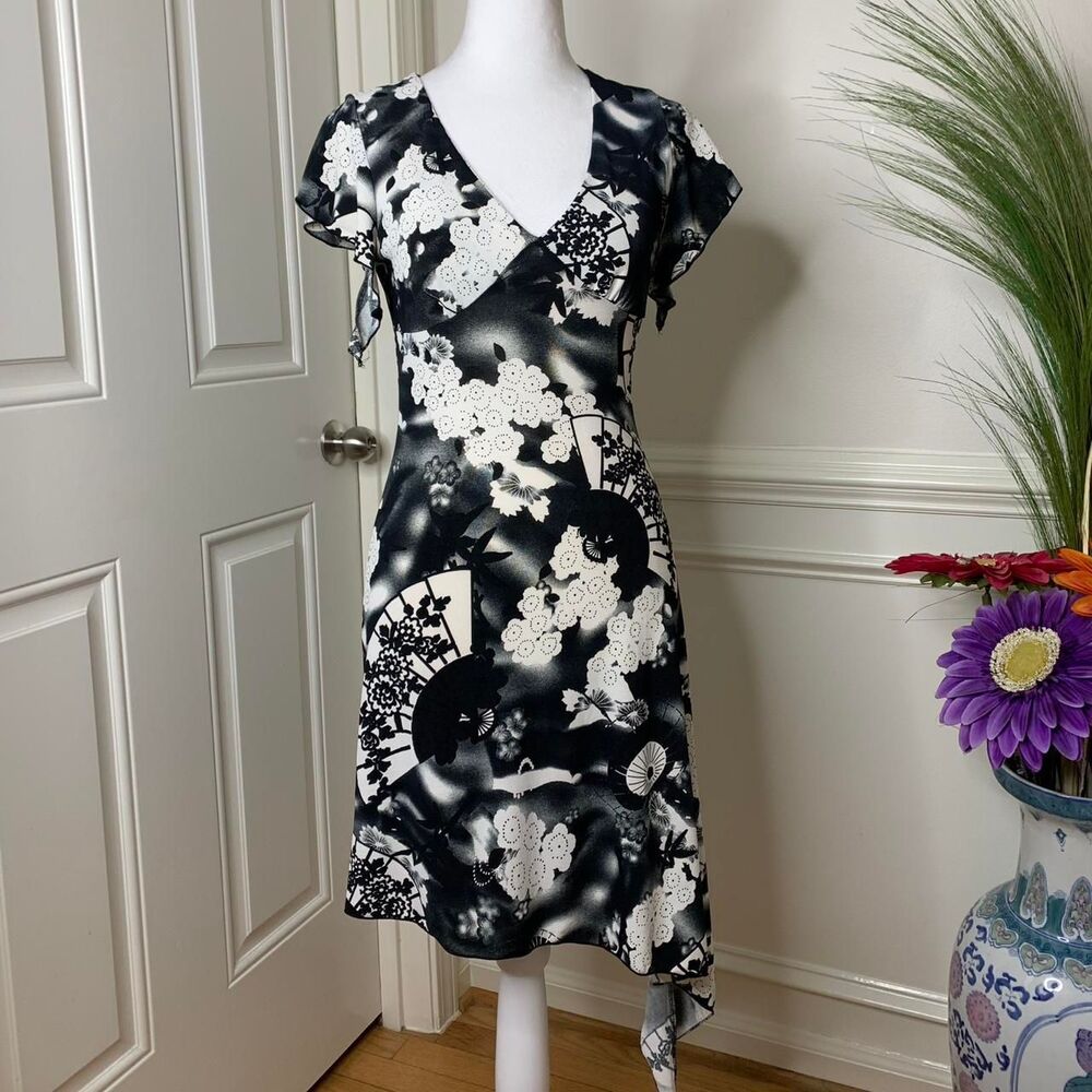 Y2K Kona pattern inspired asymmetrical black and white midi dress